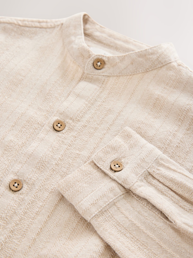 Neutral Long Sleeve Grandad Collar Cotton/Linen Mix Texture Shirt (3-16yrs) - Image 3 of 4