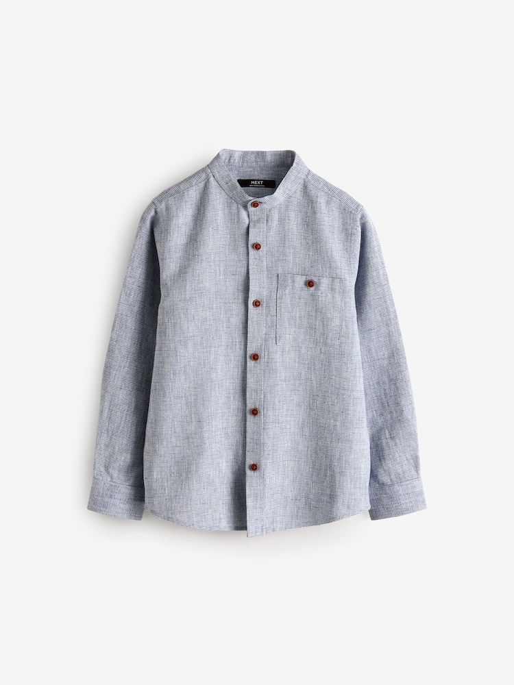 Blue Long Sleeve Grandad Collar Cotton/Linen Mix Texture Shirt (3-16yrs) - Image 1 of 5