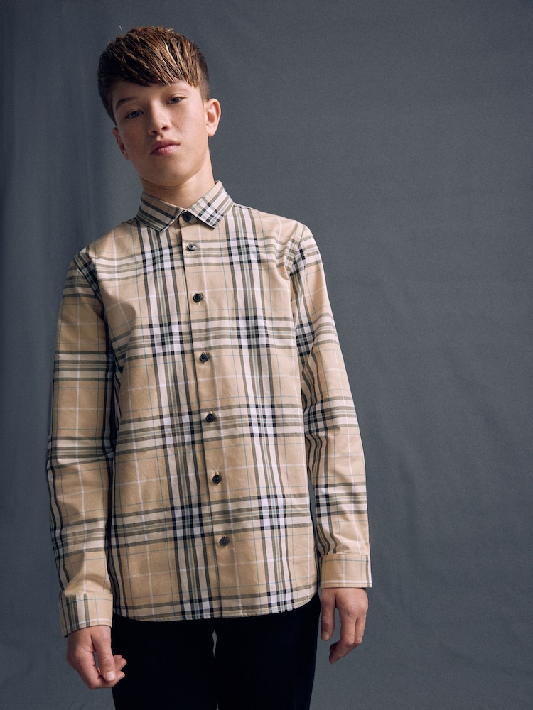 Neutral Check Long Sleeve 100% Cotton Shirt (3-16yrs) - Image 1 of 6