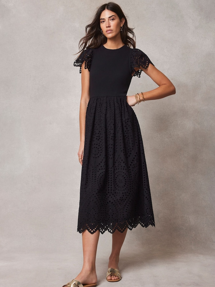 Mint Velvet Black Broderie Midi Dress - Image 1 of 4
