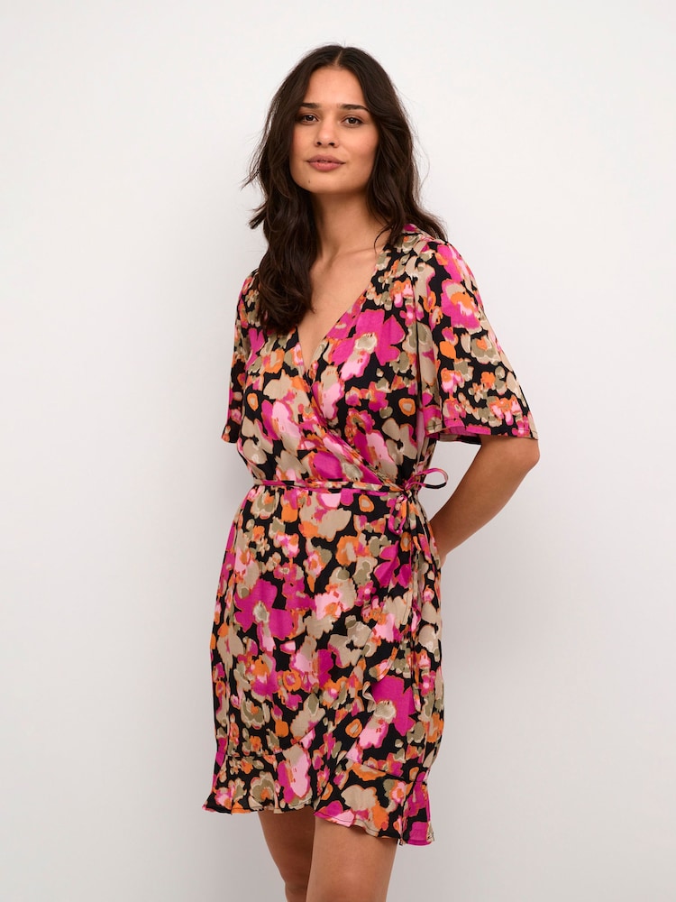 Kaffe Pollie Half Sleeve V-Neck Wrap Black Dress - Image 2 of 6