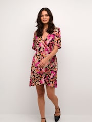 Kaffe Pollie Half Sleeve V-Neck Wrap Black Dress - Image 4 of 6