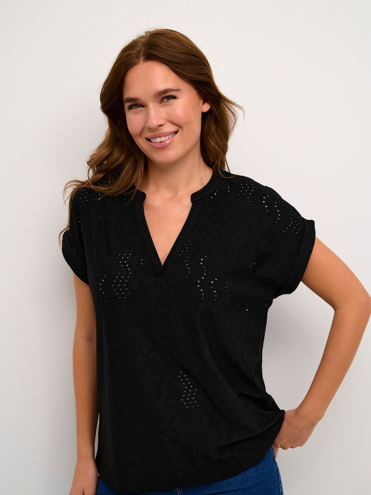 Kaffe Rachel Short Sleeve Eyelet Black Blouse - Image 1 of 6
