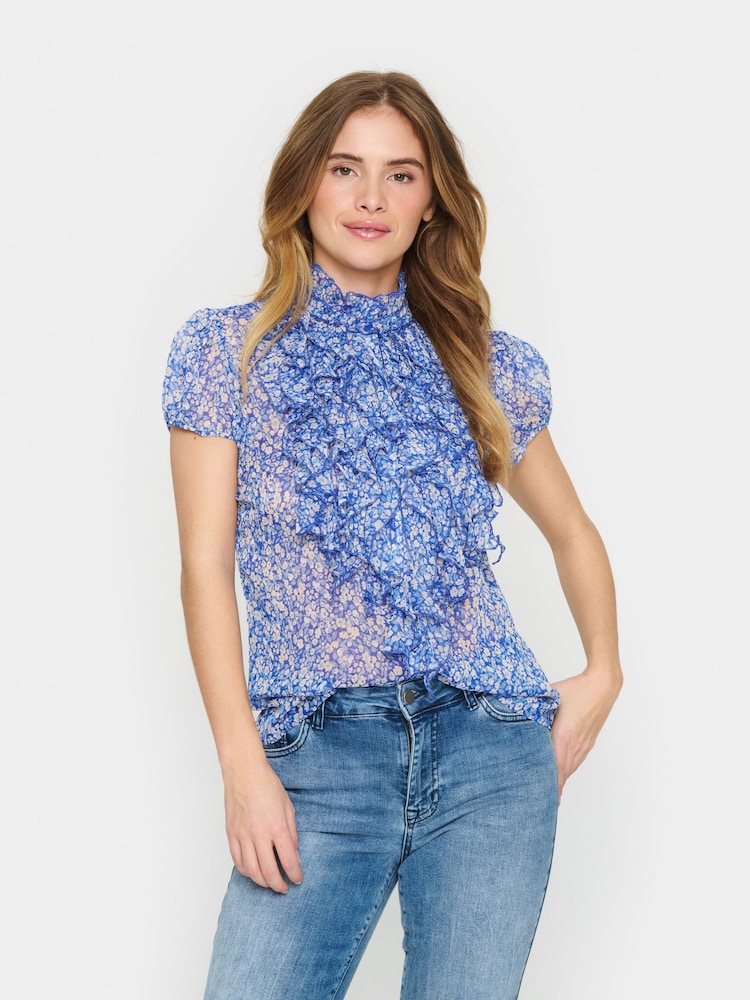 Saint Tropez Blue Lilja Short Sleeve Ruffle Blouse - Image 1 of 5