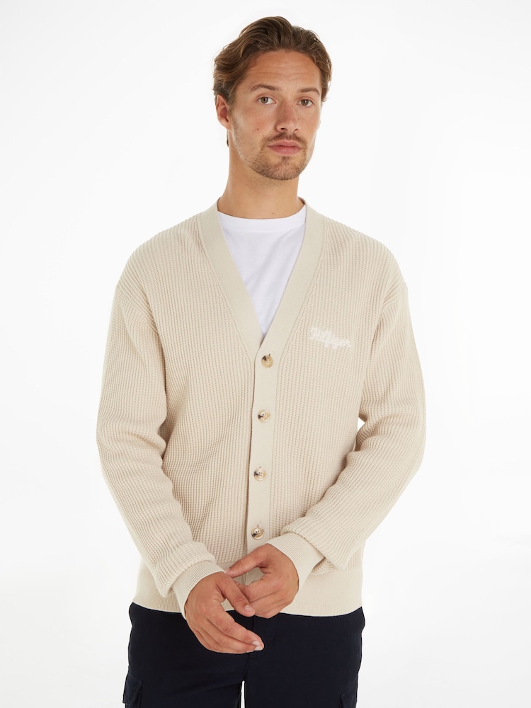 Tommy Hilfiger Brown Graphic Waffle Cardigan - Image 1 of 6 Tommy Hilfiger Brown Graphic Waffle Cardigan - Image 1 of 6