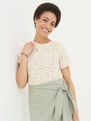 FatFace Natural Patchwork Crochet Knit T-Shirt - Image 1 of 5