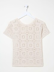 FatFace Natural Patchwork Crochet Knit T-Shirt - Image 5 of 5