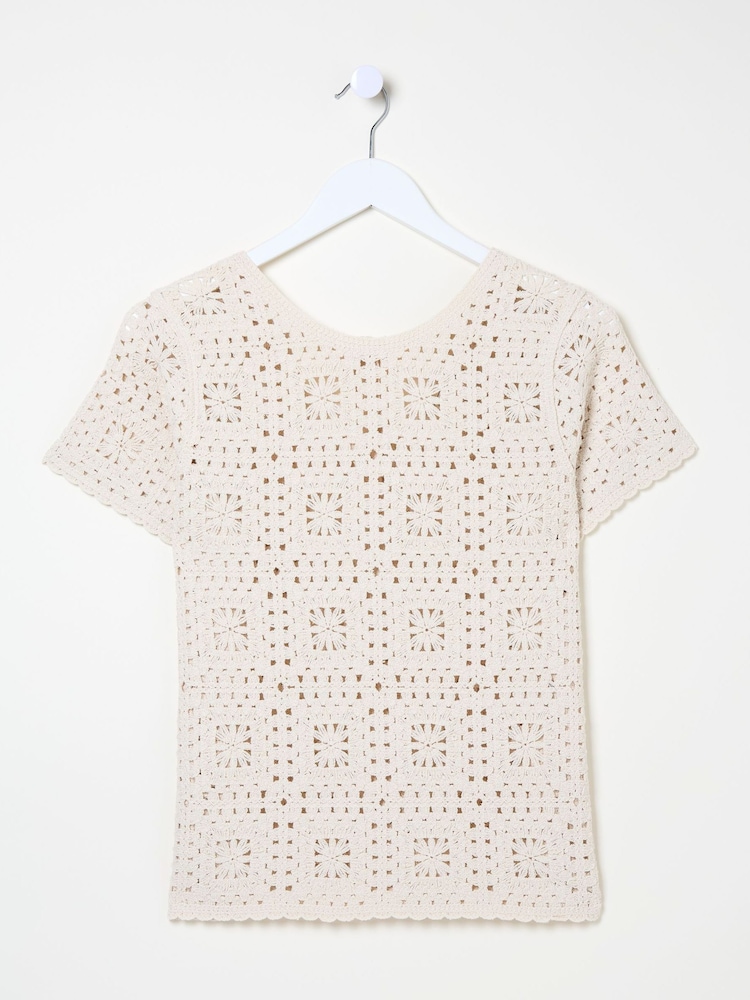 FatFace Natural Patchwork Crochet Knit T-Shirt - Image 5 of 5