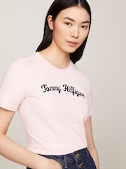 Tommy Hilfiger Pink Regular Fit Script Crew Neck 100% Cotton T-Shirt - Image 3 of 5