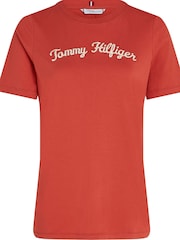 Tommy Hilfiger Red Regular Fit Script Crew Neck 100% Cotton T-Shirt - Image 1 of 3
