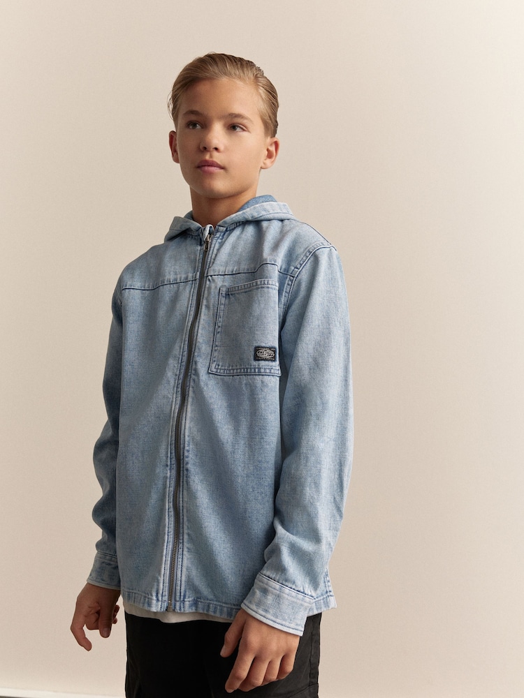 Denim Lightwash Overshirt 100% Cotton Denim Zip Through Hoodie (3-16yrs) - Image 1 of 5