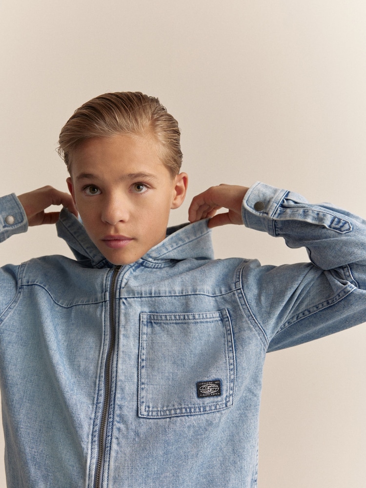 Denim Lightwash Overshirt 100% Cotton Denim Zip Through Hoodie (3-16yrs) - Image 5 of 5