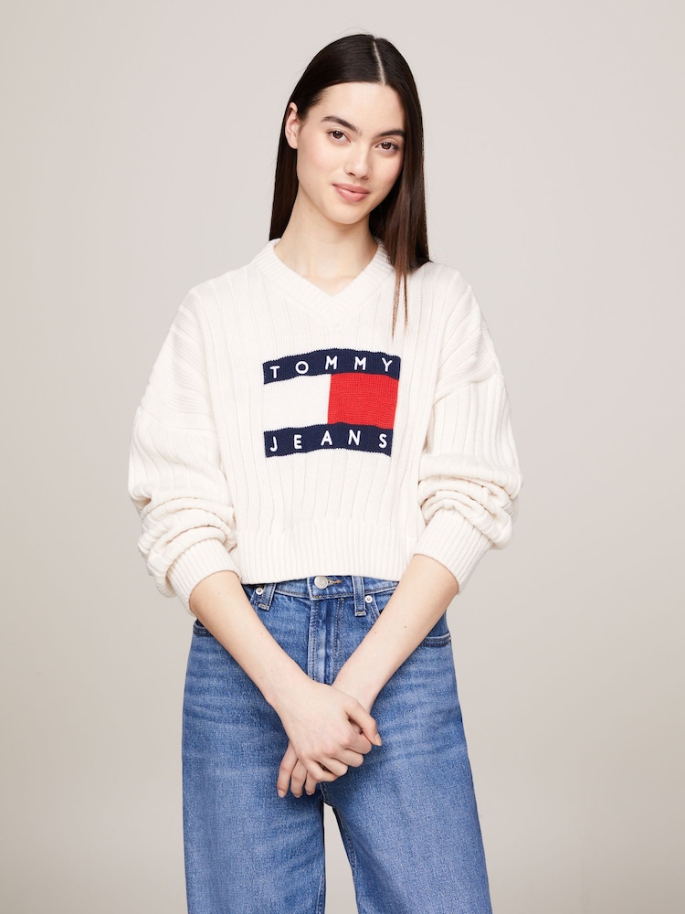 Tommy Jeans White V-Neck Center Flag Sweater - Image 1 of 5