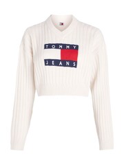 Tommy Jeans White V-Neck Center Flag Sweater - Image 5 of 5