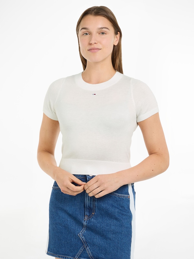 Tommy Jeans White Cropped Short Sleeved Crew Neck Sweater - Image 1 of 6 Tommy Jeans White Cropped Short Sleeved Crew Neck Sweater - Image 1 of 6