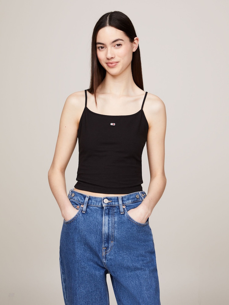 Tommy Jeans Black Cropped Essential Strap Top - Image 1 of 5