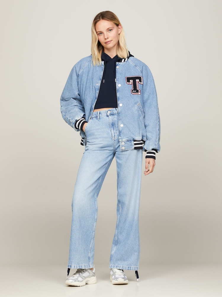 Tommy Jeans Blue Letterman 100% Cotton Denim Bomber Jacket - Image 1 of 4 Tommy Jeans Blue Letterman 100% Cotton Denim Bomber Jacket - Image 1 of 4