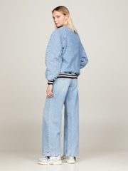 Tommy Jeans Blue Letterman 100% Cotton Denim Bomber Jacket - Image 2 of 4
