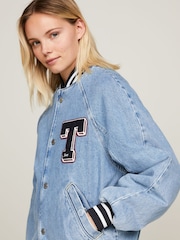 Tommy Jeans Blue Letterman 100% Cotton Denim Bomber Jacket - Image 3 of 4