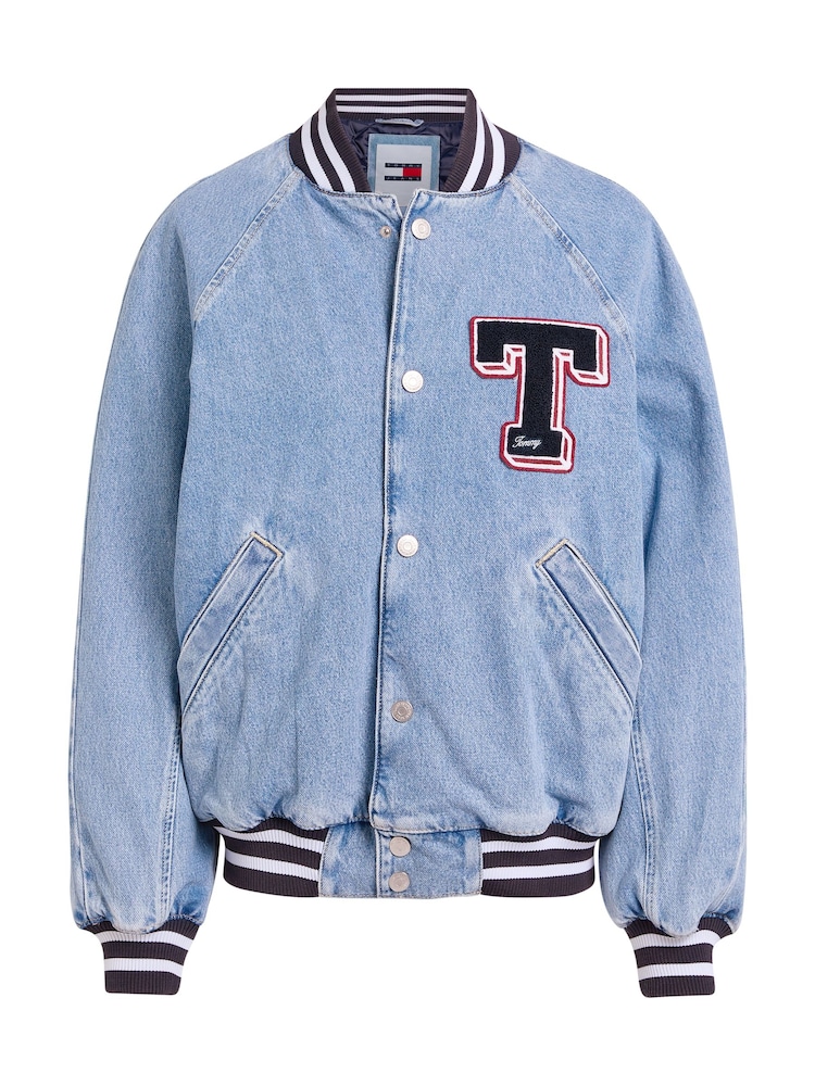 Tommy Jeans Blue Letterman 100% Cotton Denim Bomber Jacket - Image 4 of 4