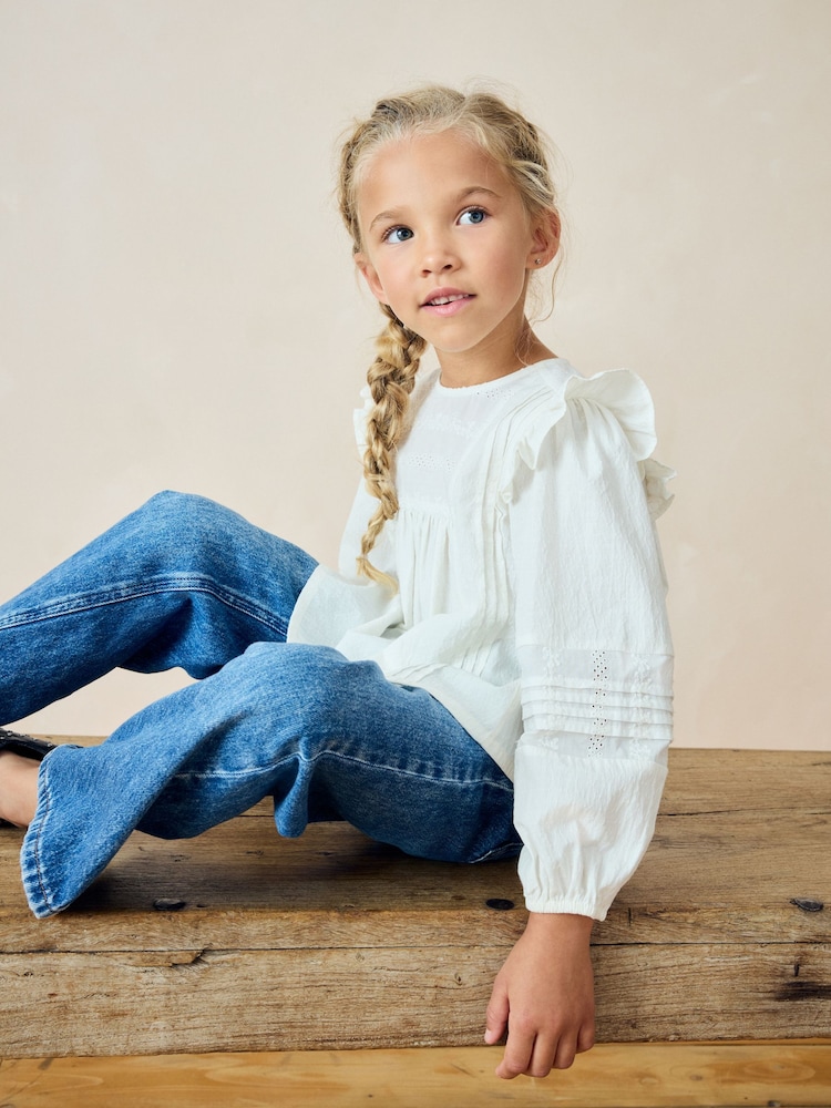 White Long Sleeve Frill 100% Cotton Blouse (3-16yrs) - Image 1 of 5