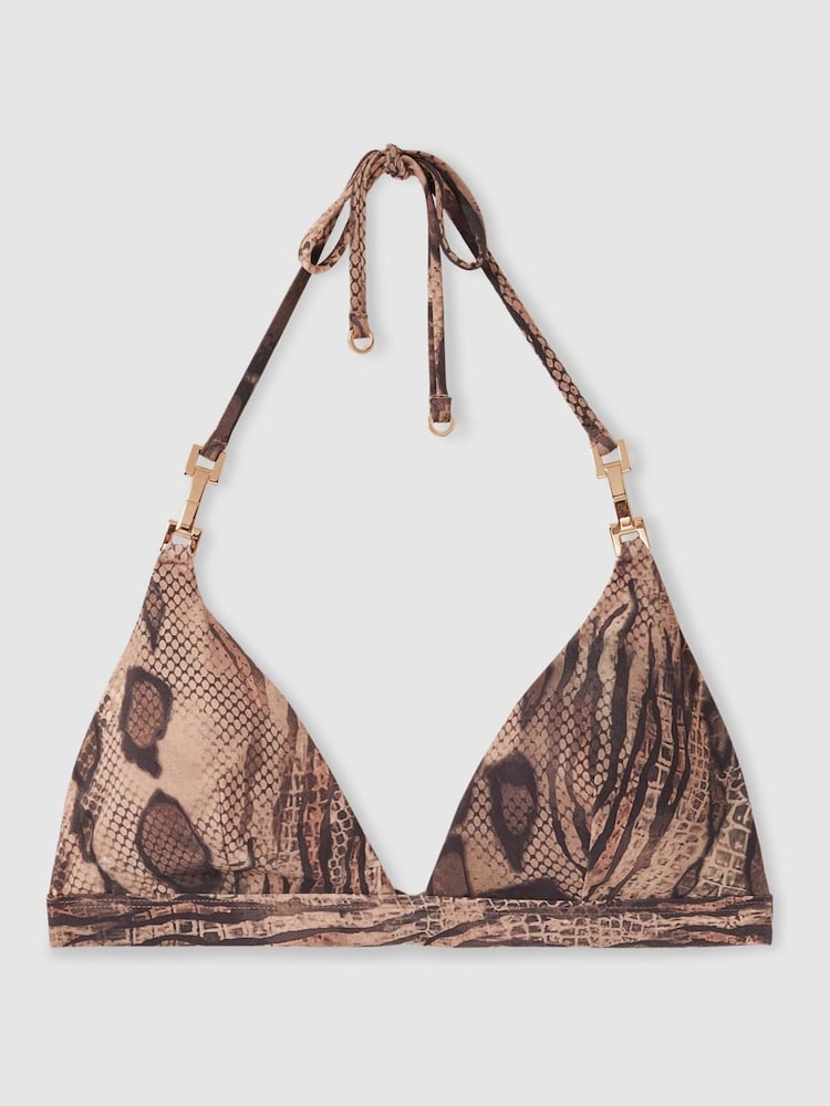Reiss Mink Riah Snake Print Triangle Halter Neck Bikini Top - Image 2 of 5