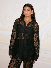Black Floral Print Lace Long Sleeve Shirt - Image 1 of 8