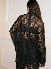 Black Floral Print Lace Long Sleeve Shirt - Image 2 of 8