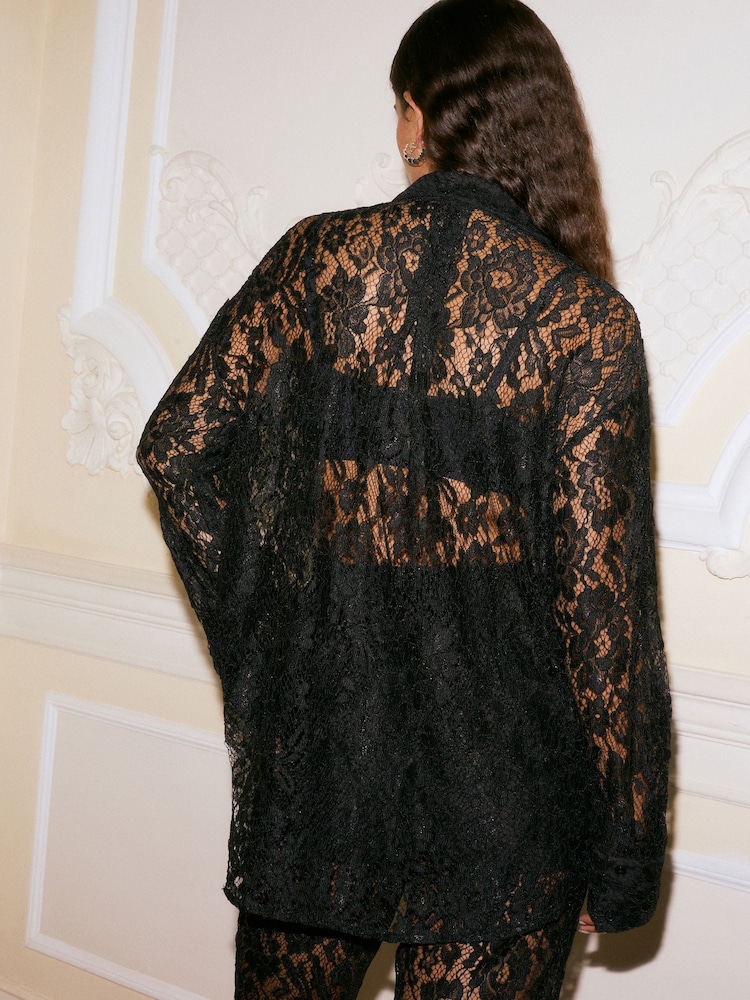 Black Floral Print Lace Long Sleeve Shirt - Image 2 of 8