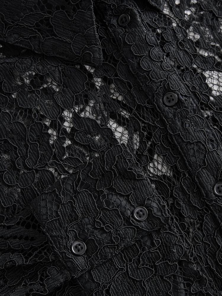 Black Floral Print Lace Long Sleeve Shirt - Image 8 of 8