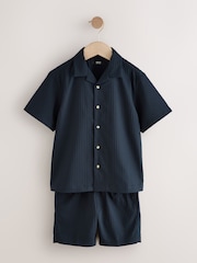 Navy Short Sleeves Revere Collar Texture Shirt & Shorts Set (3-16yrs) - Image 1 of 5