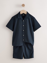 Navy Short Sleeves Revere Collar Texture Shirt & Shorts Set (3-16yrs) - Image 2 of 5