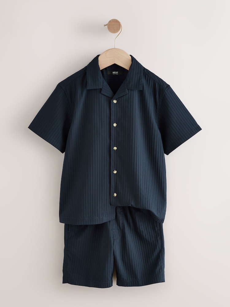 Navy Short Sleeves Revere Collar Texture Shirt & Shorts Set (3-16yrs) - Image 2 of 5