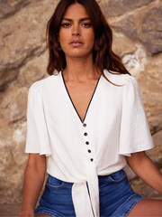 Ro&Zo White Flutter Sleeve Tie Front Top - Image 1 of 5
