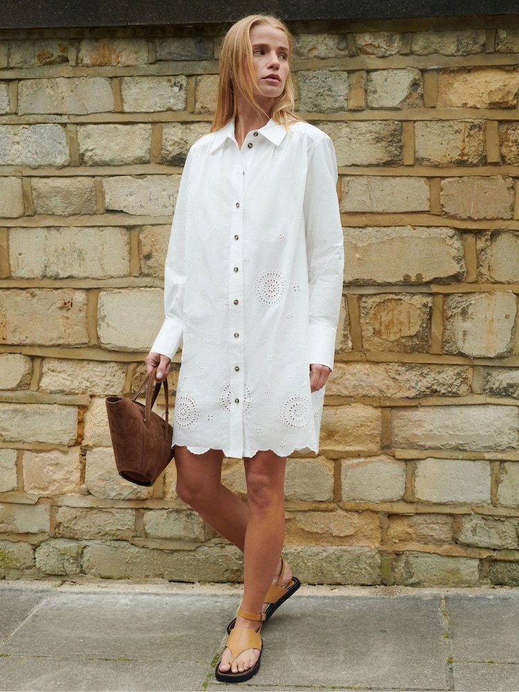 Ro&Zo White Laser Cut Hem 100% Cotton Shirt Dress - Image 2 of 7