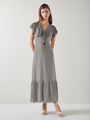 LK Bennett Black Polka Dot Daphne Pleated Dress - Image 1 of 7