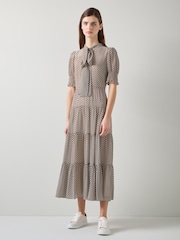 LK Bennett Ecru/Black Coco Polka Dot Tie Neck Dress - Image 1 of 5