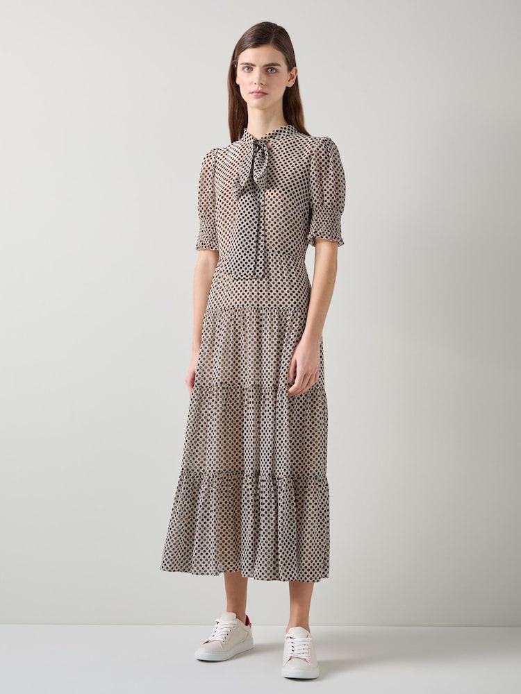 LK Bennett Ecru/Black Coco Polka Dot Tie Neck Dress - Image 1 of 5