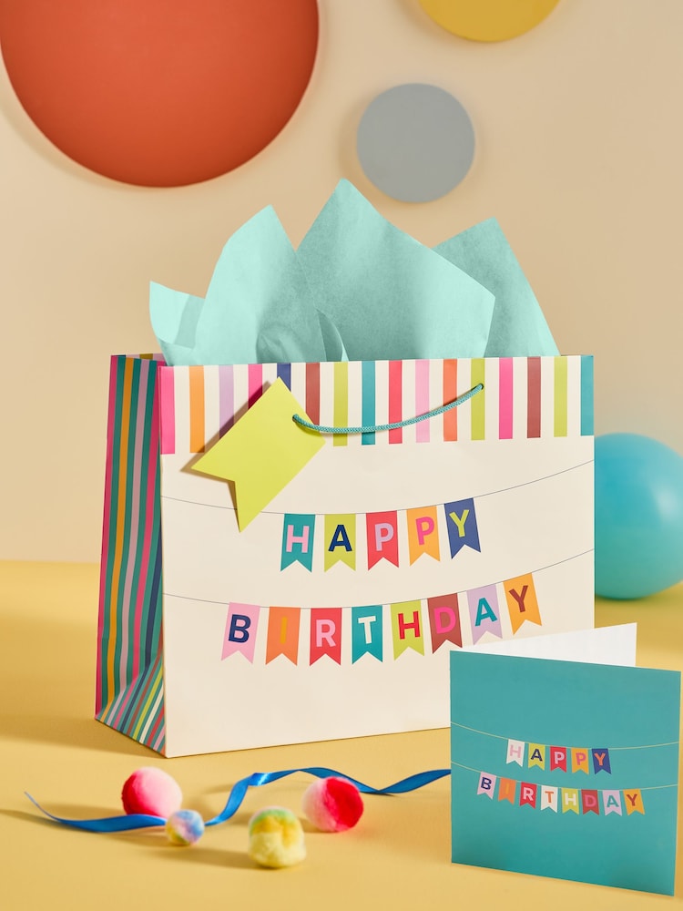Teal Blue Bright Bunting Birthday Gift Bag and Card Set - Image 1 of 3