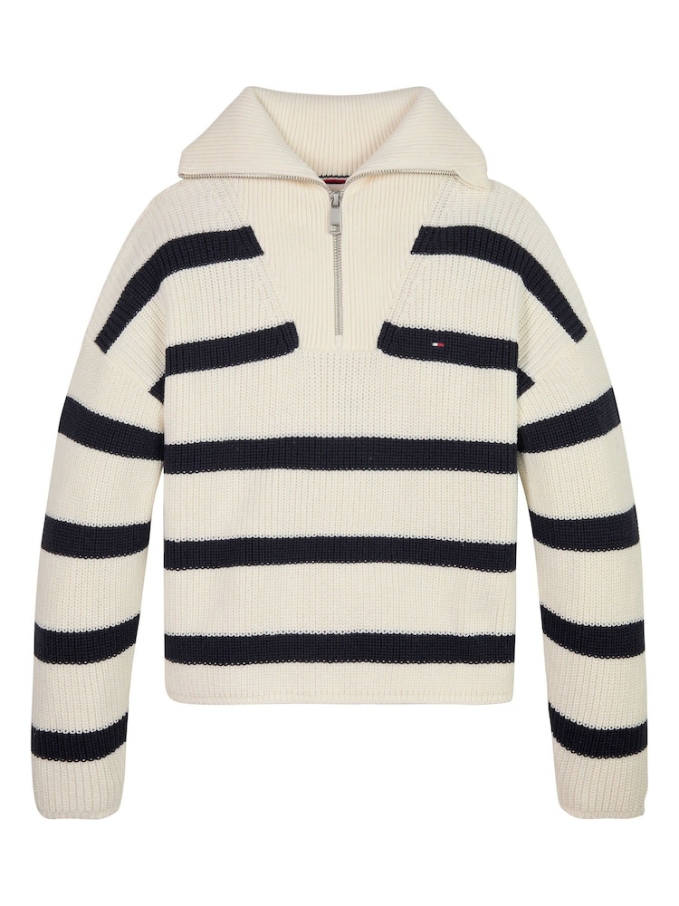 Tommy Hilfiger Blue 100% Cotton Striped Half Zipped Sweater - Image 1 of 3