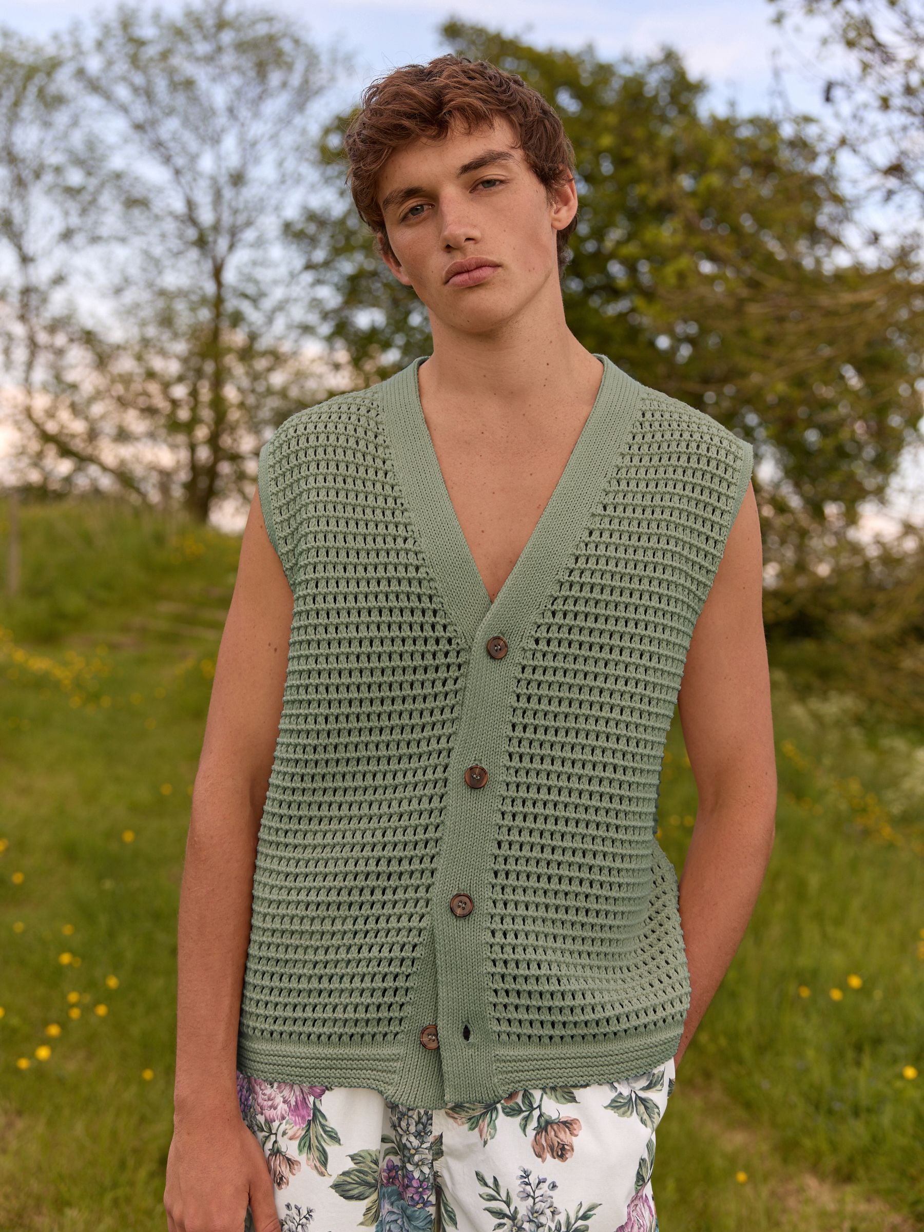 Buy Sage Green EDIT Crochet Button-Through Knitted Vest from