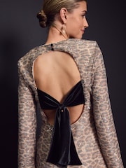 Brown Leopard Print Sequin Long Sleeve Bow Back Dress - Image 4 of 9