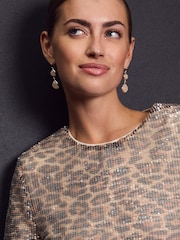 Brown Leopard Print Sequin Long Sleeve Bow Back Dress - Image 5 of 9