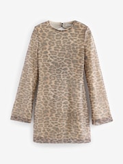 Brown Leopard Print Sequin Long Sleeve Bow Back Dress - Image 6 of 9