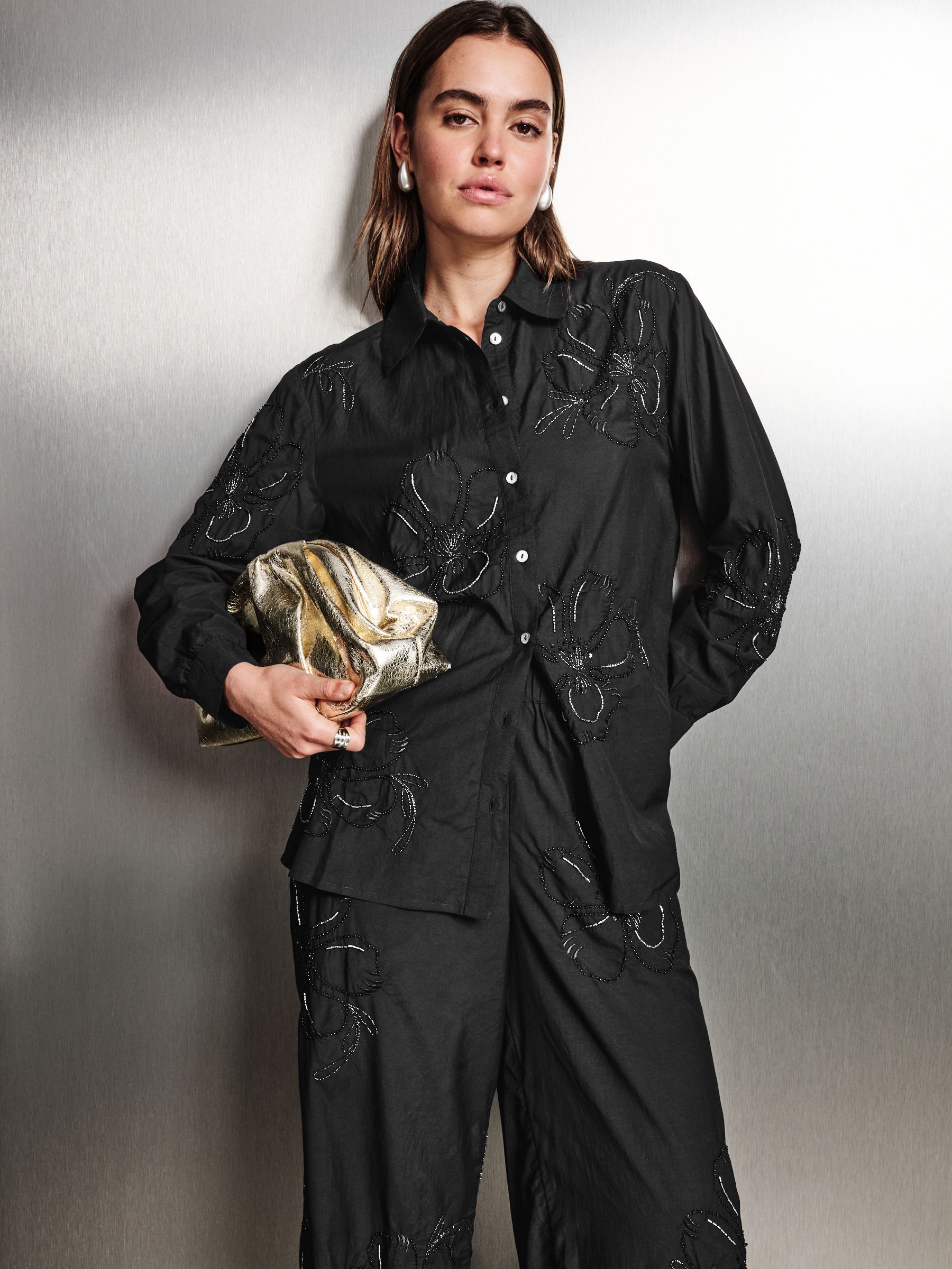 【代引き不可】 Buy Black Floral Print Bead Embellished Shirt from Next トップス