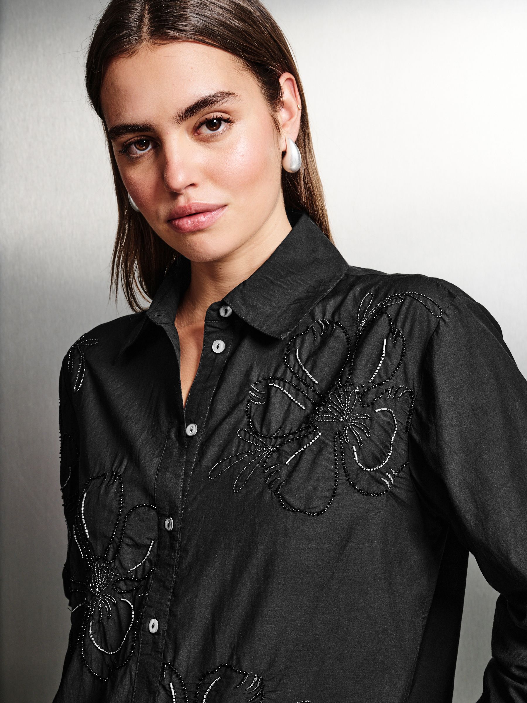 韓国 ファッション通販 Buy Next from Shirt Embellished Bead Print Floral Black トップス