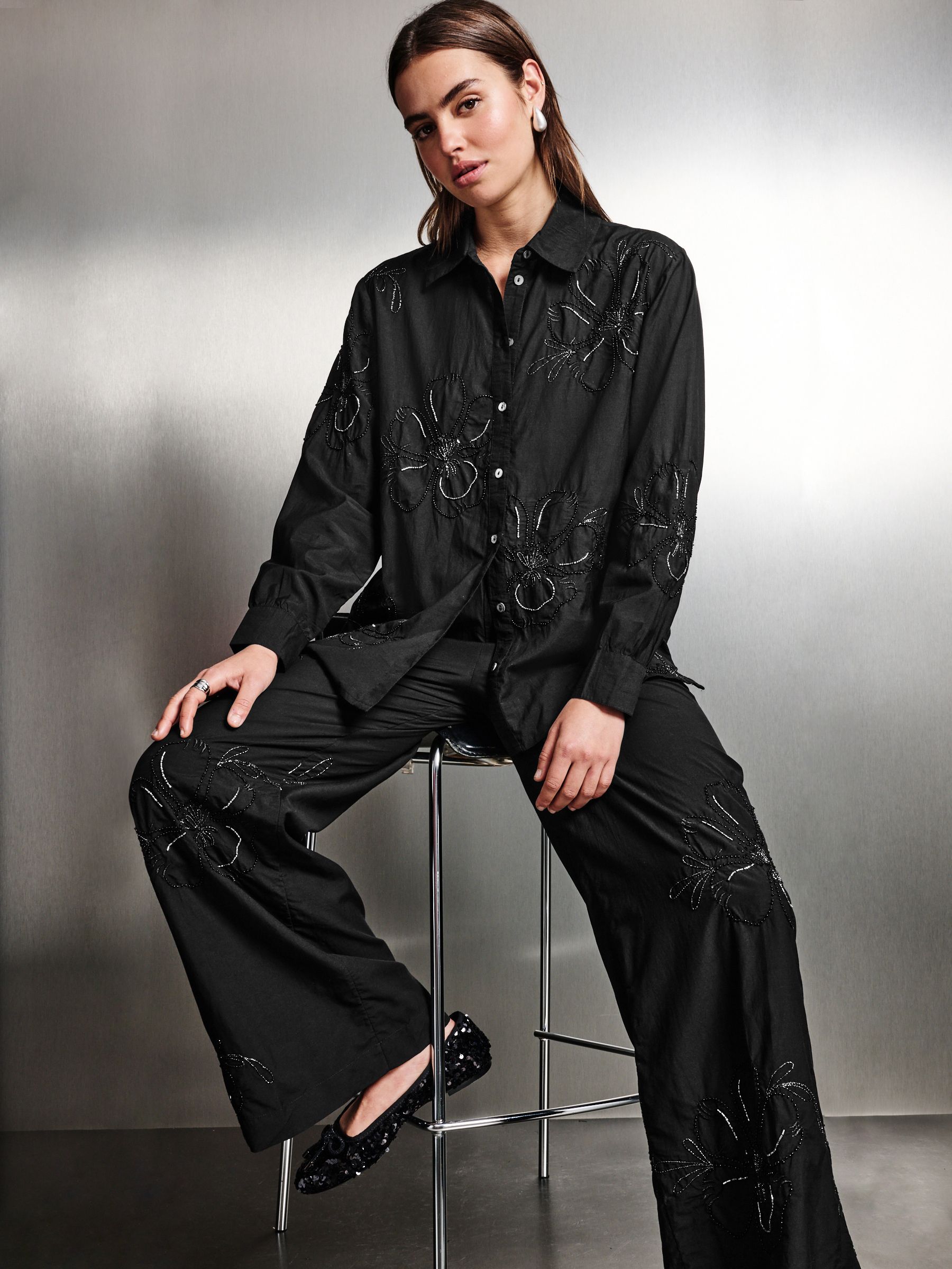 Buy Black Floral Print Bead Embellished Trousers from Next