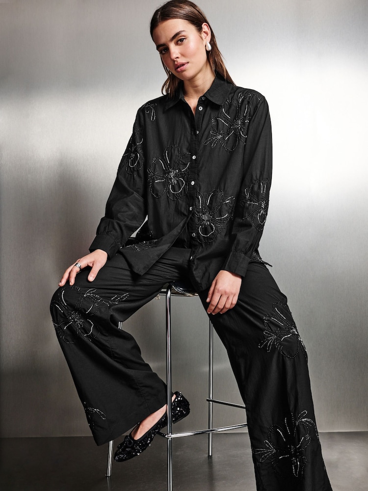 Black Floral Print Bead Embellished Trousers - Image 1 of 8
