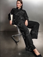 Black Floral Print Bead Embellished Trousers - Image 2 of 8