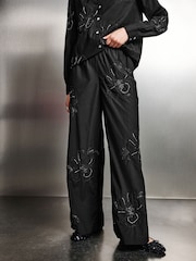 Black Floral Print Bead Embellished Trousers - Image 3 of 8